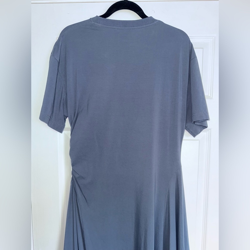 COS Steel Blue Asymmetric Flow Ruched Stretch Cotton Jersey T-Shirt Midi Dress L - Picture 9 of 13